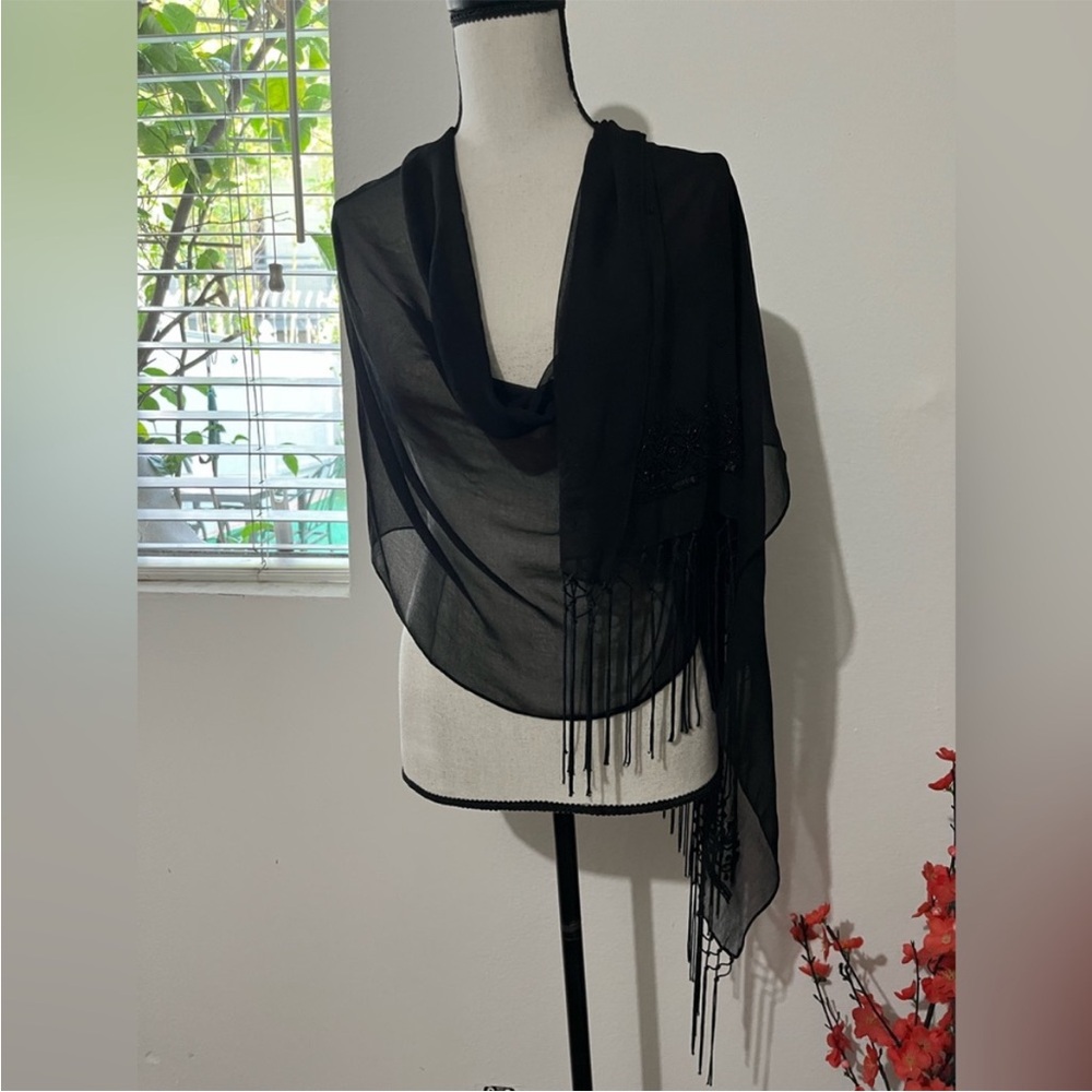 Black Sheer Fringe Scarf Wrap